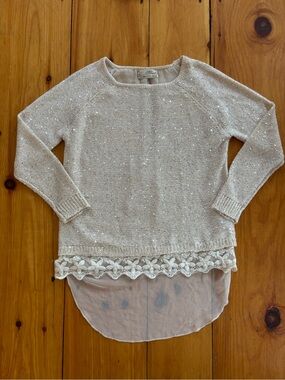 Mizumi Sequin Knit Sweater w Lace Hem Layered Boho Medium